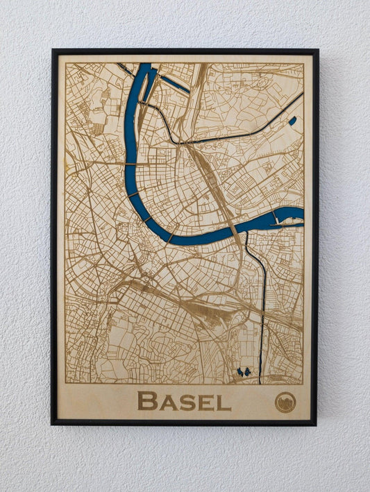Holzbild Basel mit Rhein an Wand